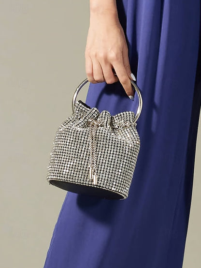 Sparkling Metal Bucket Women's Silver with Bag Rhinestone
