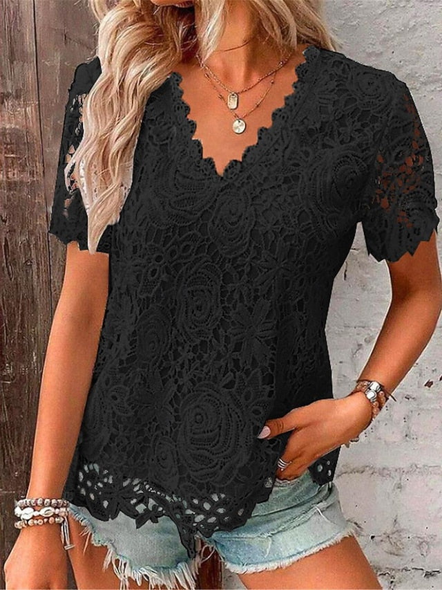 Women's Lace Blouse V-Neck Floral Short Sleeve White