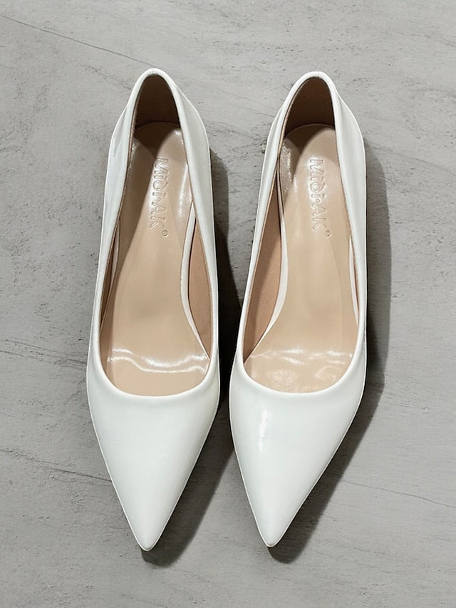 Green Leather Glossy Pumps Patent Heel Faux Block Pointed-Toe