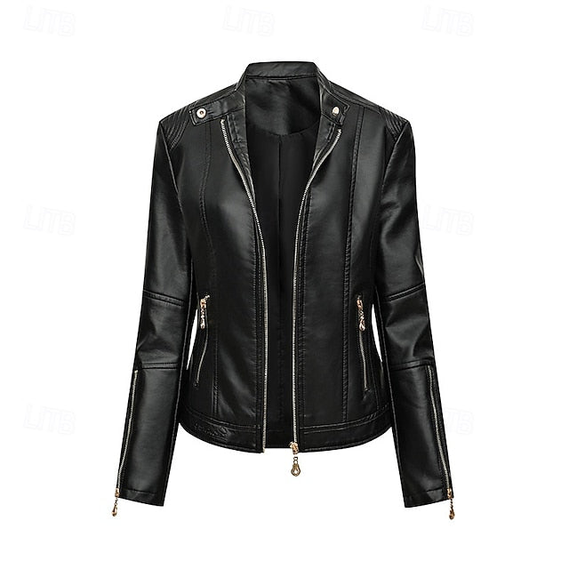 Comfortable Zipper Faux Women's Leather Jacket Pocket