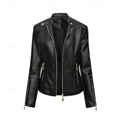 Comfortable Zipper Faux Women's Leather Jacket Pocket