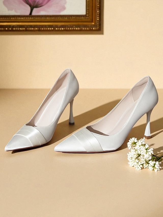 Champagne Women's Pumps Heel - Satin Toe Pointed High