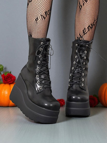 Red and Lace-Up Bold Boots Women's Platform Ankle - Black