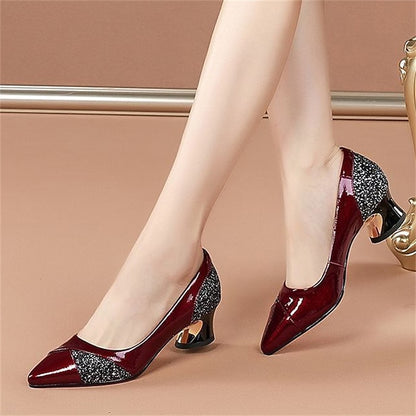 Glitter-Accented Heels Block Patent Leather Faux Women's
