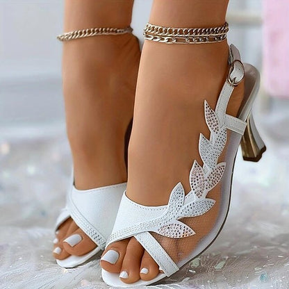 Heeled Women's Elegant – Mesh Sandals Rhinestone White
