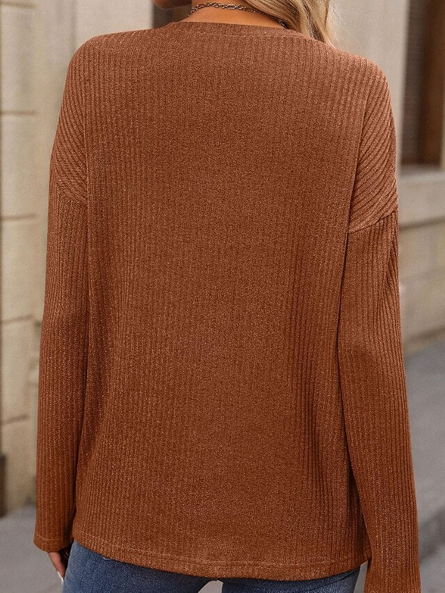 Women's T Shirt Buttons Plain Casual Long Sleeve Crew Neck