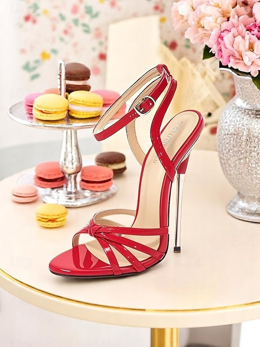 Stiletto Leather Women's Strappy - Knot Red Patent Heels