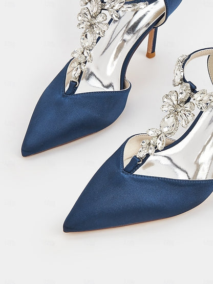 T-Strap – Toe Heels Blue Women's Navy Pointed Satin
