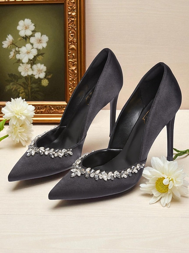 Toe with Embellishment Satin Heels Pointed Women's Crystal