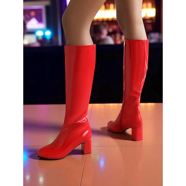 Red Heel Leather High with Boots Women's Block Knee Patent