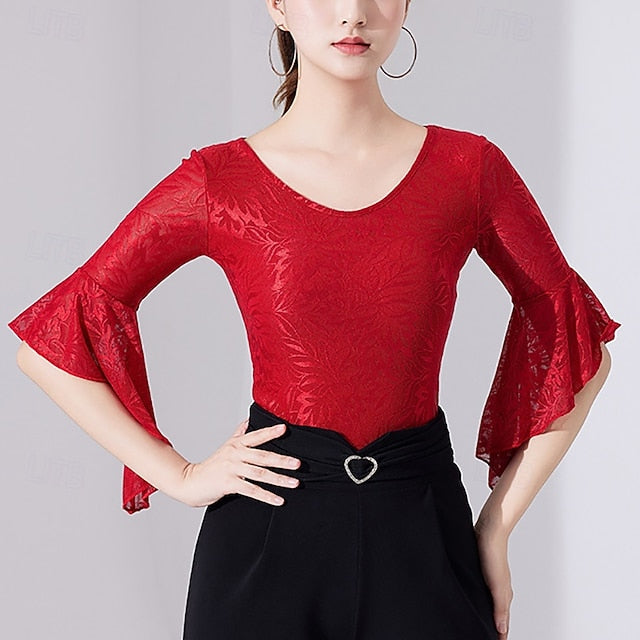 Latin Dance Top Lace Printing Pure Color Women's