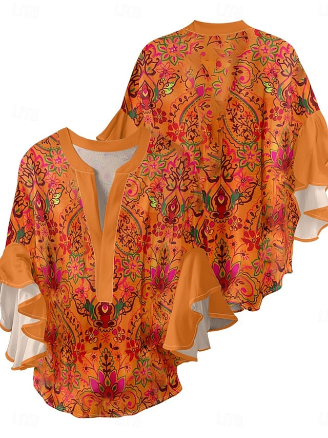 Women's Blouse Ruffle Print Floral Stylish Modern 3/4