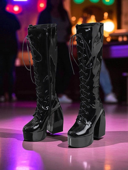 Platform Metallic High Knee Women's Silver Lace-Up - Boots