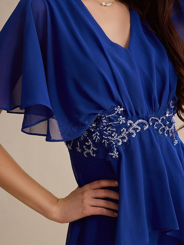 Guest Wedding Chiffon Flare Blue Cuff Embroidered Sequin Royal