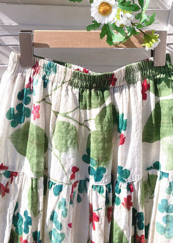 Green Print Cotton Skirt Waist Elastic New Summer