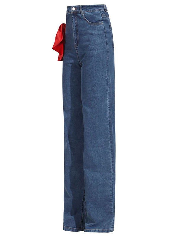 Red Chic Tied Straight Jeans High Waist Buttoned