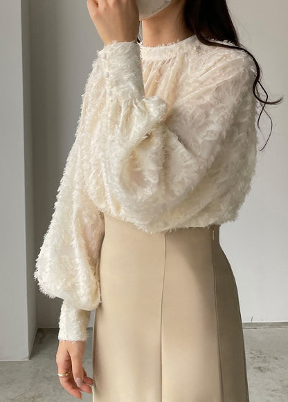 Sleeve Shirt Lantern Classy Chiffon Tasseled Beige Top