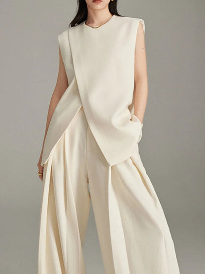 Modern Sleeveless Slit Tunic Top Hem O-neck Cream