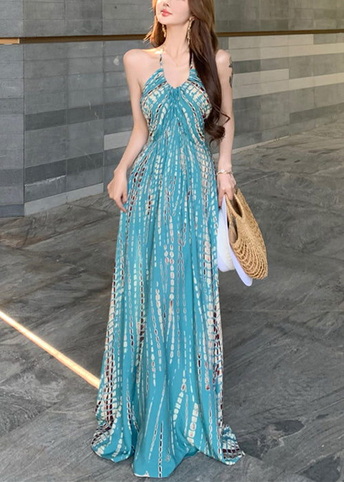 Print Dress Sleeveless Backless Blue Vacation Cotton Stylish