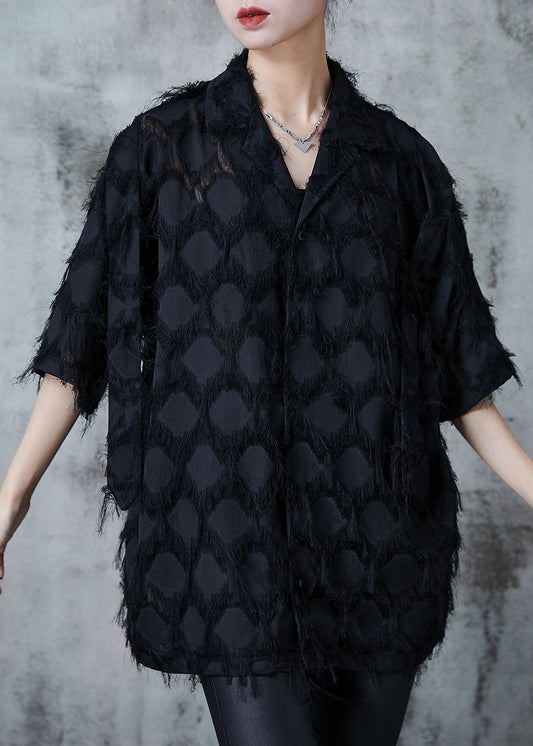 Italian Black Tasseled Oversized Cotton Shirts Summer QA1020