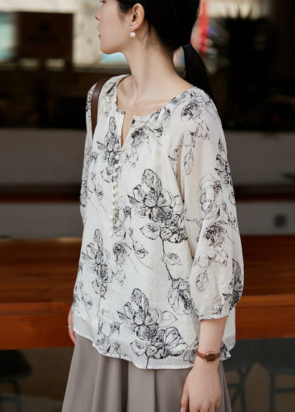 White Boho Oversized Shirts Sleeve Bracelet Cotton Print