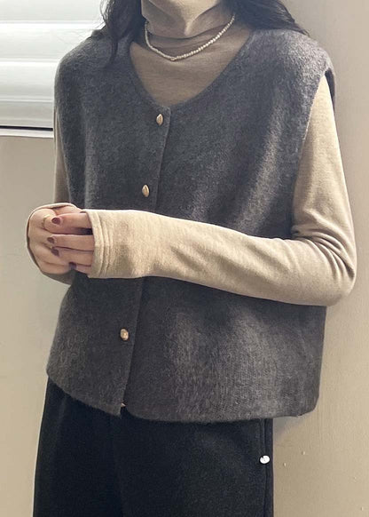 Women Khaki O Neck Button Knit Vest Tops Sleeveless AF1082