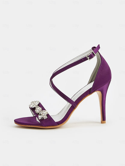 with Women's Stiletto Rhinestone Straps Heels Purple Satin