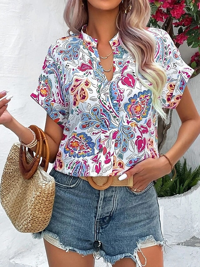 Women's Blouse Print Floral Stylish Casual Short Sleeve V