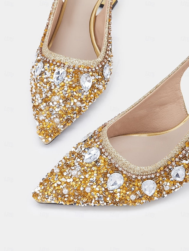 Women's Slingback Heels with Rhinestone Pearl Gold