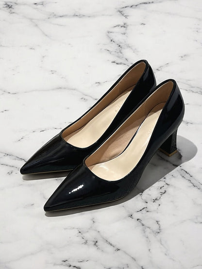 Green Leather Glossy Pumps Patent Heel Faux Block Pointed-Toe