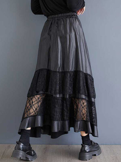Goth Black Elasticity Layered Irregular Hem Patchwork Lace A-Line Skirt TW023