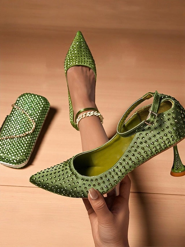 Clutch Rhinestone Matching and Bag Green Set Women's Heels