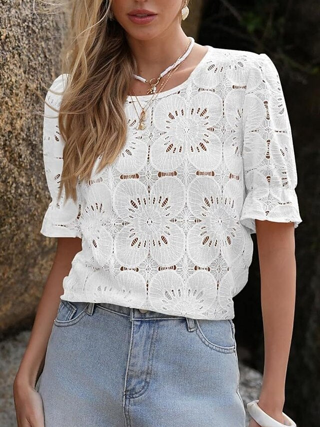 Women's T Shirt Lace Patchwork Plain Fashion Stylish