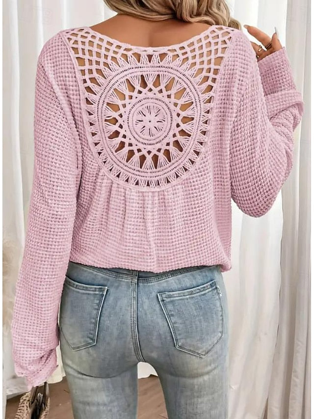 Women's Boho Shirt Blouse Eyelet Solid Color Plain Stylish