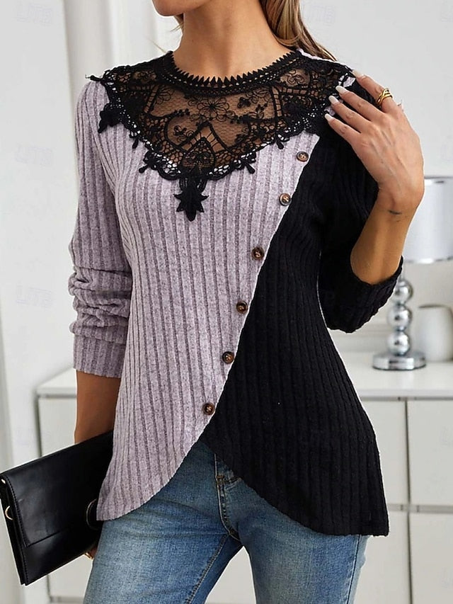 Women's Blouse Lace Patchwork Solid Color Elegant Stylish