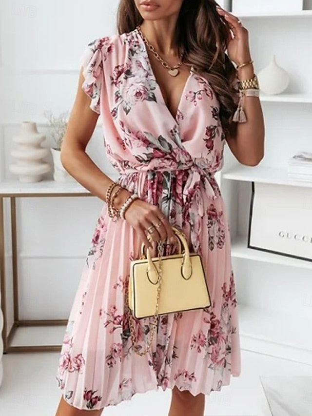Women's Casual Dress Floral Print V Neck Mini Dress Stylish