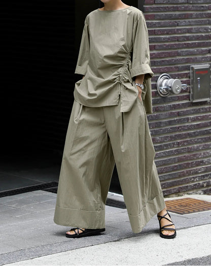 Casual Cotton Top Drawstring Sleeve Khaki Half Asymmetrical