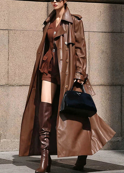 French Coffee Notched Button Faux Leather Long Trench Coat Winter RY002