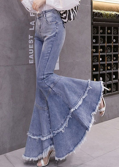 Denim Spring Stylish Tasseled Flared Patchwork Trousers Blue