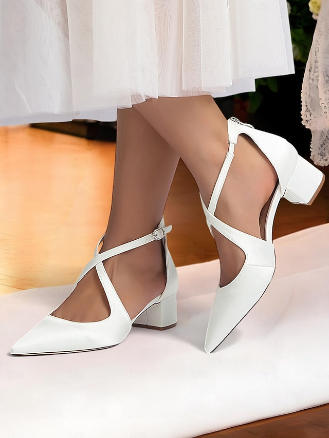 Women's Heels Ivory Elegant Pointed Satin Block Toe -