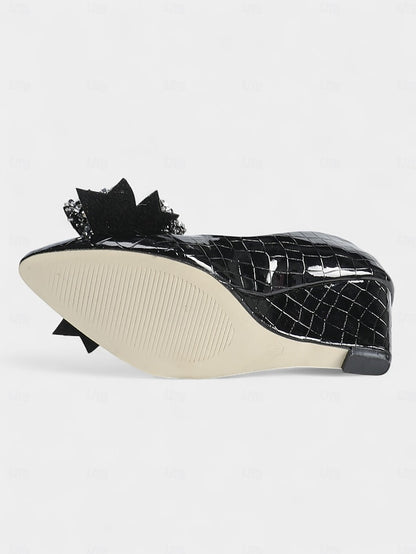 Women's Wedge Black Heels Bow with Leather Glitter Patent