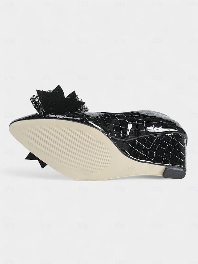 with Patent Glitter Bow Leather Women's Wedge Black Heels