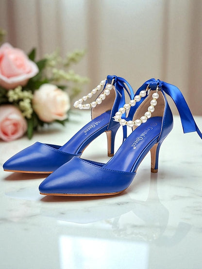 Blue with Ankle Bow Kitten Pumps Pearl - Women's Heel Strap