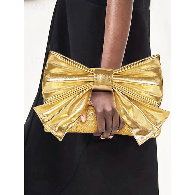 Oversized Faux Leather Bag Women's Clutch Bow with Gold
