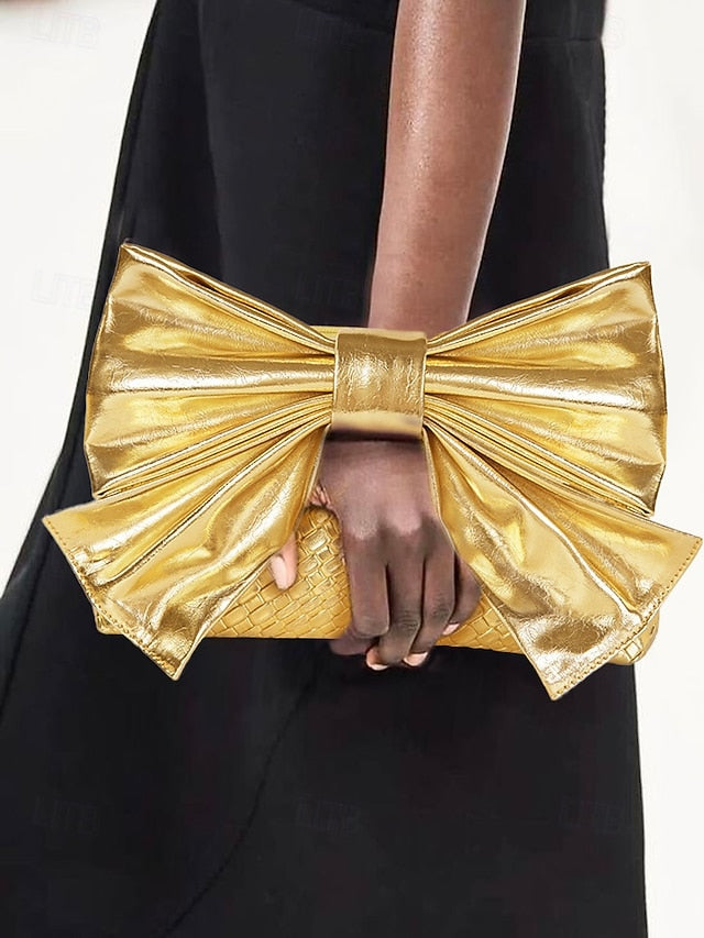 Leather Bow Faux Oversized with Clutch Bag Women's Gold