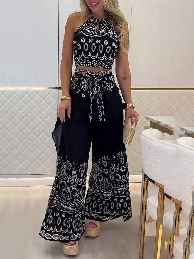 Women's Blouse Pants Sets Sleeveless Halter Neck Floral