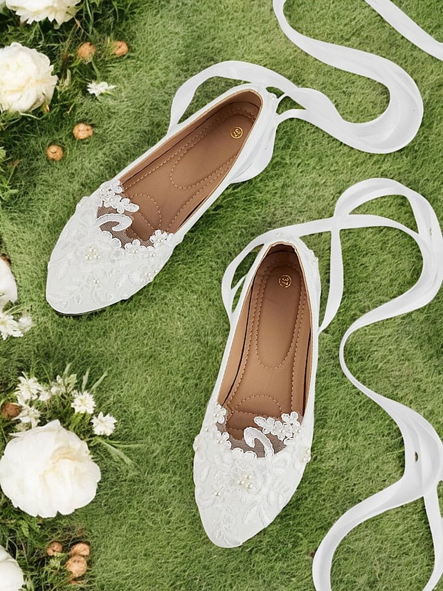 Wedding Ribbon Lace White Shoes - Ties Elegant Bridal Flats with