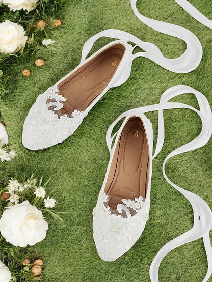 Wedding Ribbon Lace White Shoes - Ties Elegant Bridal Flats with