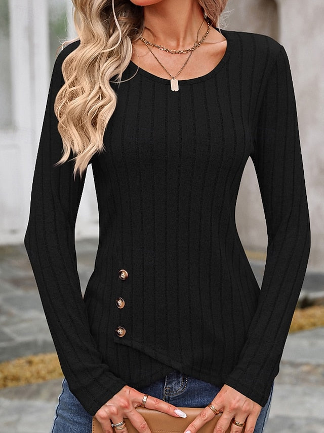 Women's T Shirt Buttons Solid Color Casual Long Sleeve Crew