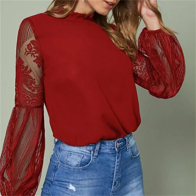 Women's Boho Shirt Lace Shirt Blouse Mesh Patchwork Top
